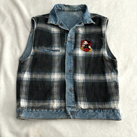 Mickey Mouse Inc World Travelers REVERSIBLE Denim Vest Mens Medium Plaid Vtg 90s - Picture 11 of 13